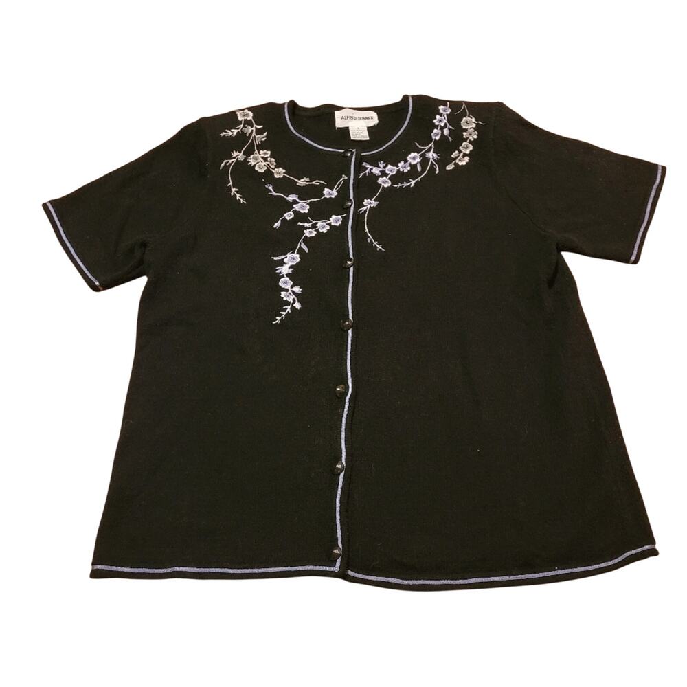 Vtg Floral Embroidered Button-Up Cardigan Black Preppy Heritage Whimy Goth S